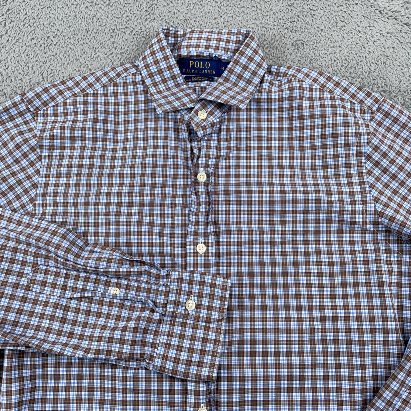 Polo Ralph Lauren Shirt Mens Medium Brown Blue Plaid Classic Fit Cotton Stretch
